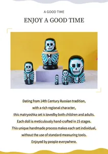 Detailed view of hand-painted five-piece wooden nesting dolls with skull theme design