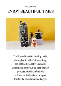 Detailed view of hand-painted wooden nesting dolls with wolf and fox animal patterns