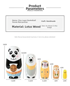 Size chart for 5-piece panda and animal nesting dolls set showing detailed dimensions