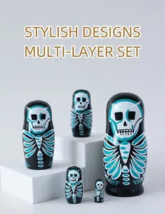 Detailed set of 5 hand-painted skull-themed wooden nesting dolls on a vibrant yellow backdrop