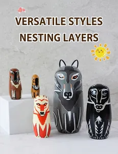 Detail view of 5-piece wooden nesting dolls with hand-painted forest animal patterns