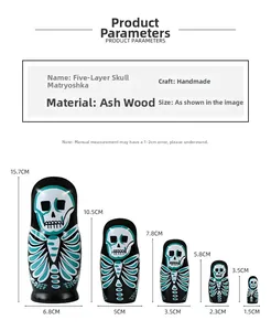 Size chart showing height and width of 5-layer skeleton wooden nesting dolls set
