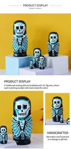 Detailed view of hand-painted wooden Matryoshka nesting dolls with skull pattern design