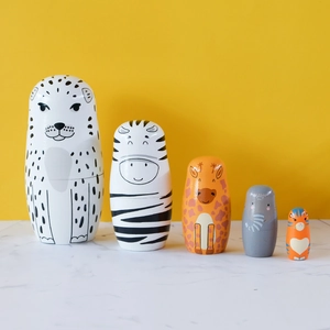 Five creative hand-painted wooden animal nesting dolls set including snow leopard and zebra
