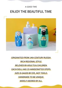 Detailed view of 5-piece hand-painted wooden Russian nesting dolls with religious characters