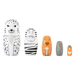 Handcrafted wooden Russian nesting dolls set featuring painted safari animals like snow leopard