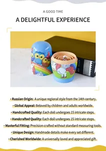 Detail of hand-painted nesting dolls featuring owl and unicorn designs on blue wood