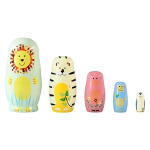 Lot de 5 poupées russes gigognes en bois avec motifs lion, tigre et petits animaux