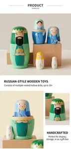 Detailed view of hand-painted wooden Matryoshka dolls with religious Nativity scene theme
