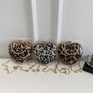 Women Leopard Print Heart Shaped Evening Bag Rhinestone Metal Handle Gold Chain Crossbody Handbag Fashion Clutch Purse
