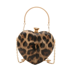 Leopard print heart-shaped evening bag with golden round handle and chain strap