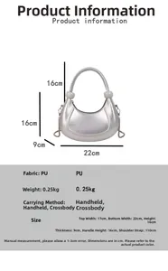 Detailed size chart for silver crescent moon bag showing dimensions and PU material info