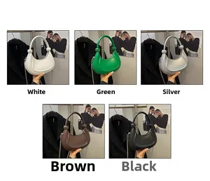 Detail of crescent handbags showing knot handles and chain straps in five trendy colors