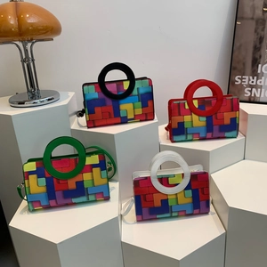 Women PU Leather Shoulder Bag Geometric Block Pattern Contrast Color Circular Handle Fashion Crossbody Handbag For Daily Match