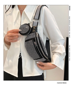 Detail of black rhinestone fanny pack set with braided strap and mini coin purse