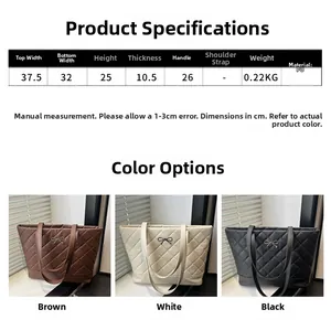 Detailed size specifications for the large quilted tote bag with bow metal accessory