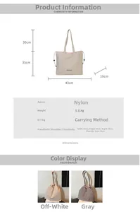 Tableau des tailles et détails du matériau pour grand sac fourre-tout en nylon brodé
