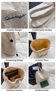 Détails d'un grand sac cabas en nylon avec cordon de serrage et intérieur spacieux