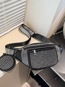 Women Fashion Rhinestone Waist Bag With Mini Round Pouch Black White Herringbone Wide Strap Crossbody Shoulder Bag For Daily