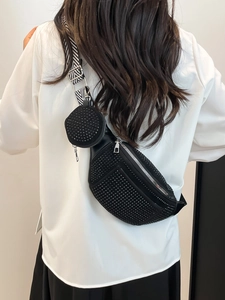 Fashionable black rhinestone fanny pack with striped strap and mini round pouch