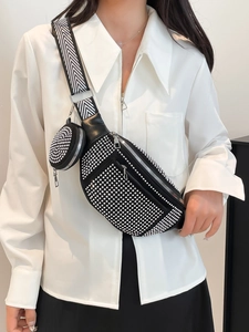 Fashionable black rhinestone waist bag with wide woven strap and small coin pouch