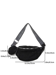 Fashionable black rhinestone belt bag with wide herringbone strap and mini pouch charm
