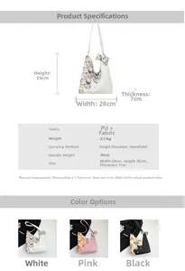 Detailed size chart and multi-color options for floral patchwork nylon tote bags