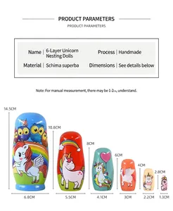 Detailed size chart for handmade six-layer unicorn matryoshka dolls made of lotus wood