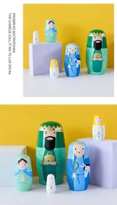 Detail of five-piece wooden Matryoshka set with Nativity scene religious painting