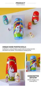 Detail of hand-painted wooden nesting dolls with colorful unicorn and owl cartoon designs