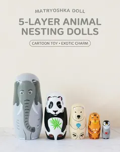 Detail of five-layer wooden nesting dolls featuring colorful hand-painted animal designs