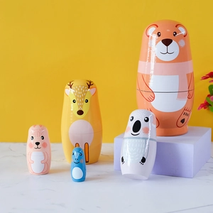 Handcrafted 5-layer animal wooden Russian nesting dolls set for kids room decor