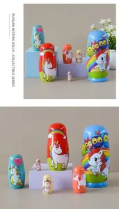 Detail of colorful hand-painted wooden unicorn nesting dolls with rainbow patterns