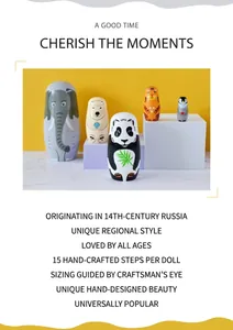 Detail of five handcrafted wooden nesting dolls featuring elephant, panda and tiger designs