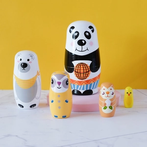 Cartoon Animal Basketball Panda Wooden Matryoshka Dolls 5 Layers Hand Painted Russian Nesting Dolls Toy Desktop Decor Kids Gift