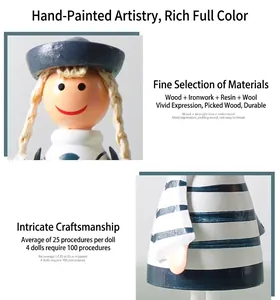 Detail of hand-painted wooden nautical dolls with striped patterns and knit details