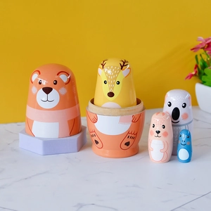 Handcrafted 5-layer animal wooden nesting dolls featuring bear, elk, and koala motifs