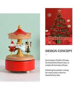 Détail d'une boîte à musique carrousel en bois avec figurines du Père Noël et de Noël