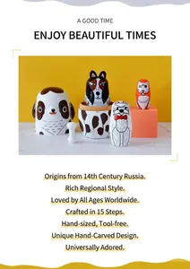 Detail of hand-painted dog themed wooden nesting dolls with clear wood texture