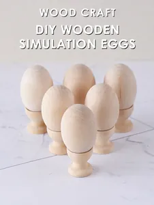Set of 6 natural wood DIY craft eggs with matching funnel-shaped stands for painting