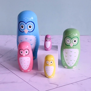 Lot de 5 poupées russes hibou en bois bleu, jouet éducatif peint à la main