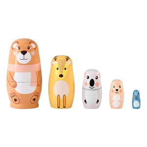 Handcrafted nesting dolls set featuring painted bear, deer, koala, rabbit, and penguin