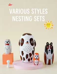 Detailed close-up of colorful hand-painted wooden nesting dolls featuring dog designs
