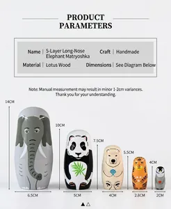 Size chart showing height and width for 5-layer animal nesting dolls set in wood