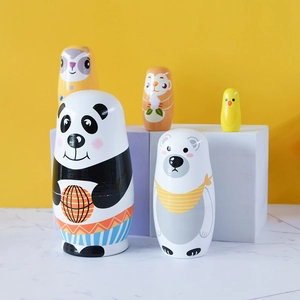 5-piece animal nested wooden dolls featuring panda, polar bear and monkey characters