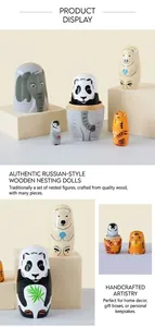Detailed set of hand-painted wooden animal nesting dolls including panda and elephant