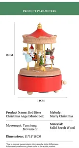 Vue détaillée du carrousel musical de Noël en bois avec dimensions de 18 cm de hauteur