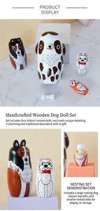 Macro detail of hand-painted wooden Russian nesting dolls featuring cute dog patterns