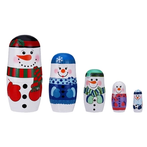 Five-piece snowman nested Russian matryoshka dolls made of painted wood for winter decor