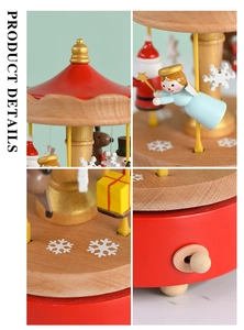 Détails du carrousel musical de Noël en bois avec figurines de Père Noël et renne